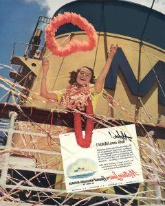 A female passenger tosses a lei overboard a 澳博体育app下载 Lines ship in an advertisement available from the 澳博体育app下载 Vintage Art collection.